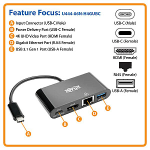 Многопортовый адаптер USB-C 4K HDMI, порт USB-A, GbE, зарядка PD 60 Вт, HDCP U444-06N-H4GUBC Черный