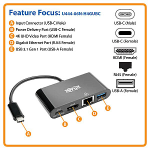 Vairāku portu adapteris USB-C 4K HDMI, ports USB-A, GbE, uzlāde PD 60 W, HDCP U444-06N-H4GUBC melns