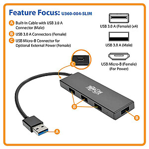 SuperSpeed U360-004-SLIM 4 portu īpaši plāns portatīvais USB 3.0 centrmezgls