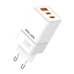 GaN sienas lādētājs 65 W 2xUSB-C+USB-A bez kabeļa Balts