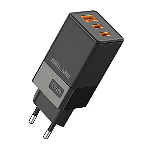 GaN sienas lādētājs 65W 2xUSB-C+USB-A bez kabeļa Melns