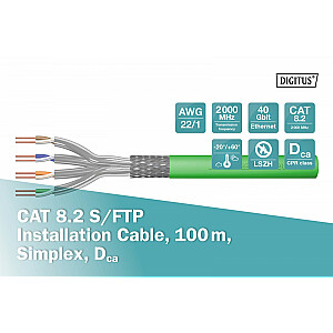 Telekomunikāciju instalācijas kabelis, kategorija 8.2, S/FTP, Dca, AWG 22/1, LSOH, 100m, zaļš