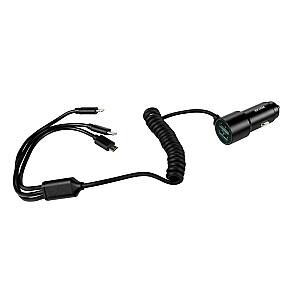 Automašīnas lādētājs ar iebūvētu kabeli 3in1 USB-C/Lightning/Micro USB + 2x USB-A 33W Black
