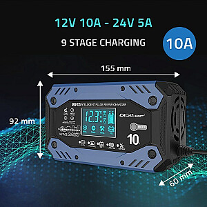 Qoltec 52482 viedais lādētājs STD AGM GEL LiFePO4 | Lādētājs ar remonta funkciju |12-24V |10A | LCD | 9 – uzlādes stadija