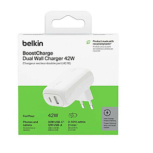 BoostCharge 42W USB-C 3 0W USB-A 12W lādētājs balts
