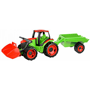 Трактор с ковшом и красно-зеленым прицепом