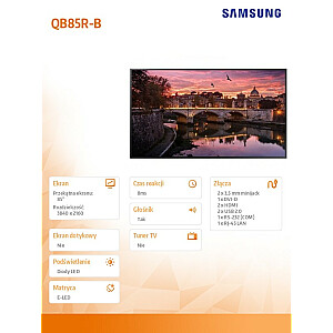 Profesionāls monitors QB85R-B 85 collas Glossy 16h/7 350 (cd/m2) 3840x2160 (UHD) Player S6 (Tizen 4.0) Wi-Fi 3 gadi d2d (LH85QBRBDGCXEN)