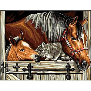 Алмазная мозаика - Лошади с кошкой