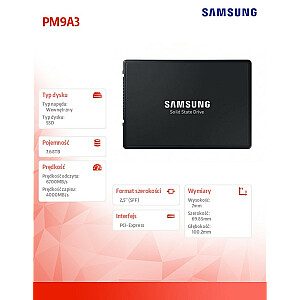 SSD diskdzinis PM9A3 U.2 DCT 7680GB MZQL27T6HBLA-00W07