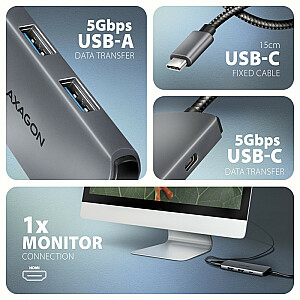 AXAGON HMC-5H8K 2x USB-A, 1x USB-C, 8K HDMI, USB 3.2 Gen 1 centrmezgls, PD 100 W, 15 cm USB-C kabelis