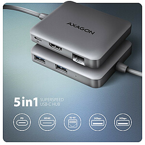 AXAGON HMC-5HL 2x USB-A, HDMI, LAN, USB 3.2 Gen 1 HUB, PD 100W — pelēks
