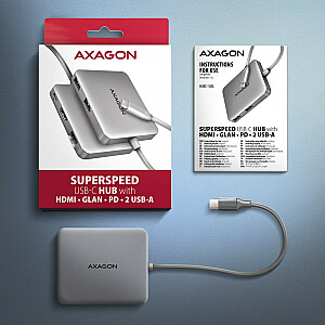 AXAGON HMC-5HL 2x USB-A, HDMI, LAN, USB 3.2 Gen 1 HUB, PD 100W — pelēks