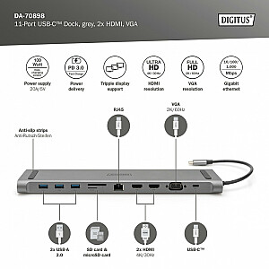 USB-C dokstacija, 11 pieslēgvietas TripleMonitor 2xHDMI 4K30Hz 1xVGA FHD 3xUSB-A 3.0 RJ45 PD3.0, sudraba
