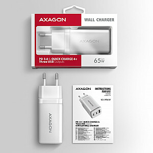 ACU-DPQ65W GaN sienas lādētājs, 65 W, 3 porti (USB-A + Dual USB-C), PD3.0/QC4+/PPS/Apple, balts