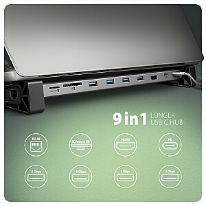 HMC-10HLS Wieloportowy USB centrmezgls 5 Gbps 4x USB-A, HDMI 4K/60 Hz, RJ-45, SD/microSD, PD 100 W, USB-C kabelis 25 cm garš