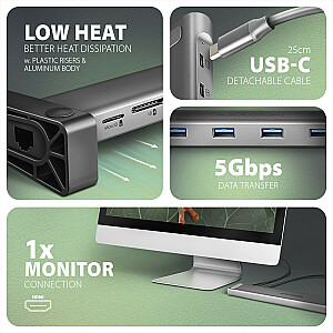 HMC-10HLS Wieloportowy USB centrmezgls 5 Gbps 4x USB-A, HDMI 4K/60 Hz, RJ-45, SD/microSD, PD 100 W, USB-C kabelis 25 cm garš