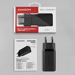 AXAGON ACU-DPQ65 lādētājs, 2x USB-C, 1x USB-A, PD3.0/QC4+/PPS, 65 W — melns