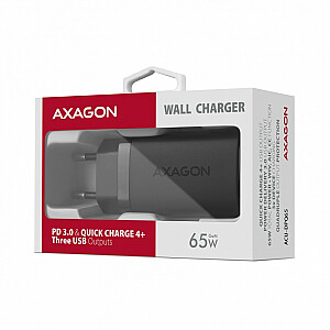 AXAGON ACU-DPQ65 lādētājs, 2x USB-C, 1x USB-A, PD3.0/QC4+/PPS, 65 W — melns