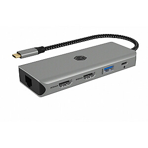 IB-DK4012-CPD dokstacija 9-in-1, 2x HDMI, 4K60Hz, 3xUSB, 100W PD, LAN, karšu lasītājs