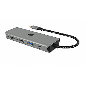 IB-DK4012-CPD dokstacija 9-in-1, 2x HDMI, 4K60Hz, 3xUSB, 100W PD, LAN, karšu lasītājs