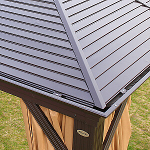 Навес SUNSET 3x4xH2/2,7м, коричневый алюминиевый каркас, металлическая крыша, стеновые панели и текстильная сетка