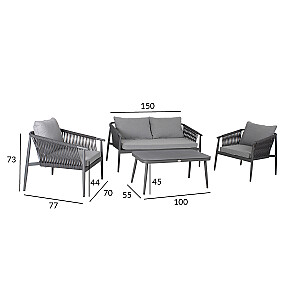 Комплект садовой мебели WEILBURG стол, пол и 2 стула, алюминиевая рама серого цвета с плетеной веревкой, серые подушки