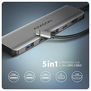 HMC-5H Wieloportowy centrmezgls USB-C 3.2 Gen 1, 3x USB-A, 4K HDMI, PD 100 W, USB-C kabelis 100 cm garš