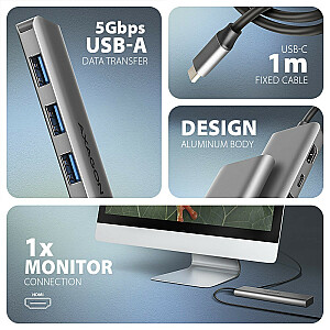 HMC-5H Wieloportowy centrmezgls USB-C 3.2 Gen 1, 3x USB-A, 4K HDMI, PD 100 W, USB-C kabelis 100 cm garš