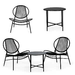 Rotangpalmas dārza mēbeļu komplekts, metāla krēsli un melns galds.