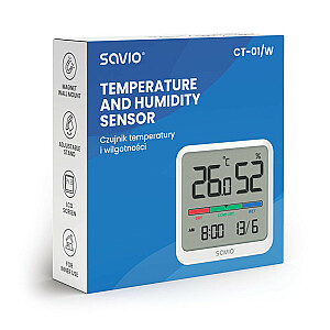 Датчик температуры и влажности, для использования внутри помещений, ЖК-экран, часы, дата, магнитный держатель, CT-01/W Белый
