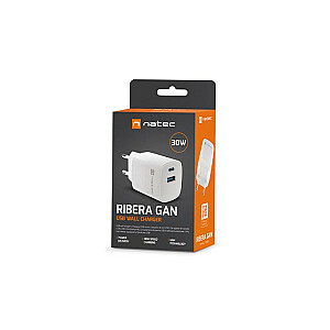 Ribera GAN 1X USB-A + 1X USB-C 30W lādētājs Balts