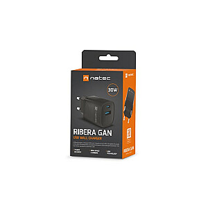 Ribera GAN 1X USB-A + 1X USB-C 30W lādētājs Melns