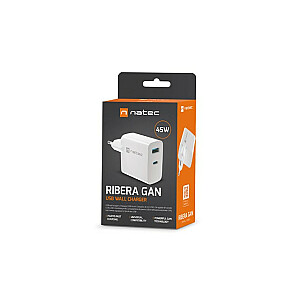 Ribera GAN 1X USB-A + 1X USB-C 45W lādētājs Balts