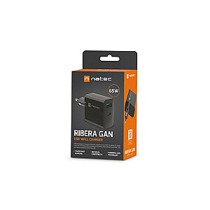 Ribera GAN 1X USB-A + 1X USB-C 65W lādētājs Melns