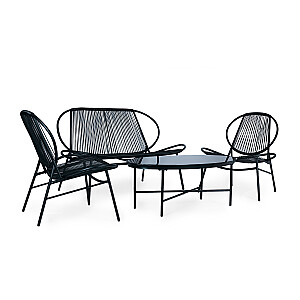 Rotangpalmas dārza mēbeļu komplekts, metāla krēsli, sols un melns galds.