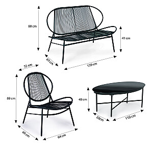 Комплект садовой мебели из ротанга, металлические стулья, скамейка и черный стол.