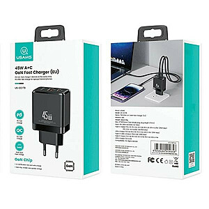 Maiņstrāvas lādētājs USB-C+USB-A GaN PD 3.0, 45 W