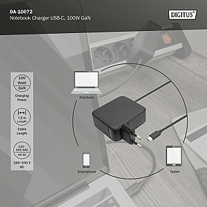 Tīkla lādētājs, barošanas avots 1x USB-C PD 3.0 max. Integrēts GaN kabelis 100W, 1,2m, melns