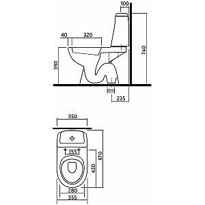Solo tualete ar vertikālu skalošanu, 3/6L tvertne ar apakšējo padevi, cietais vāks