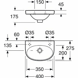 Mazā izlietne Nautic 5540 samontēta ar 40 cm skrūvēm. Kreisajā pusē atvere maisītāja krānam.