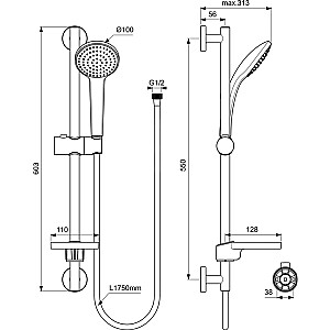 Ideal Standard Idealrain Soft dušas komplekts ar stieni ar diametru 100 mm.