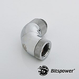 Bitspower adapteris, 90 grādi, G1/4 collu vīrišķais līdz G1/4 collu mātīte — 3 grozāms, spīdīgs sudrabs