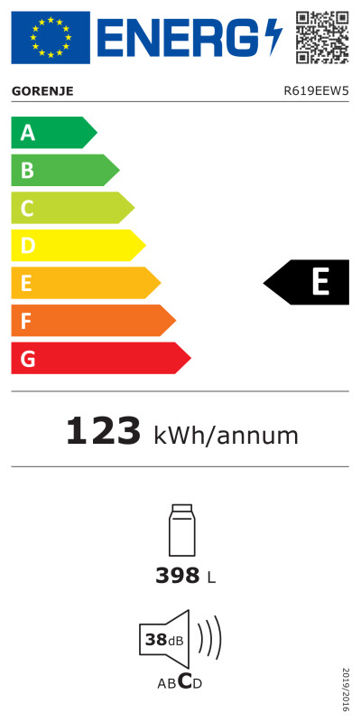 Gorenje | R619EEW5 | Refrigerator | Energy efficiency class E | Free standing | Larder | Height 185 cm | Fridge net capacity 398 L | 38 dB | White