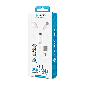 Forever 3in1 cable USB - Lightning + USB-C + microUSB 1,0 m 1,5A white