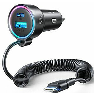 Joyroom Fast car charger 3 in 1 with USB Type C cable 1.5m 55W Black