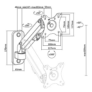Настенное крепление для монитора Maclean, 17–27 дюймов, макс. 7 кг, газовая пружина, MC-458