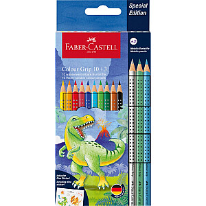 Trīsstūrveida akvareļu zīmuļi Faber-Castell Colour Grip Dinosaurus 10+3 krāsas