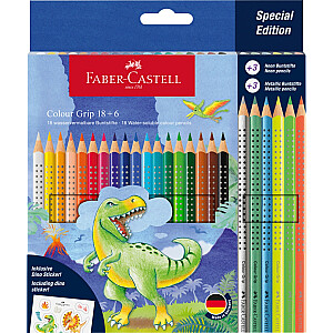 Trīsstūrveida akvareļu zīmuļi Faber-Castell Grip Dinosaurus 18+6 krāsas