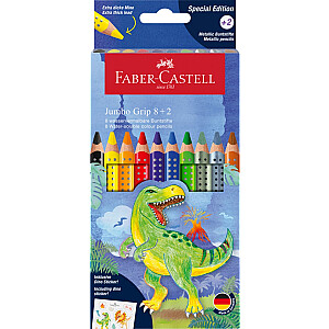 Trīsstūrveida akvareļu zīmuļi Faber-Castell Jumbo Grip Dinosaurus 8+2 krāsas