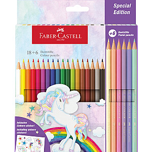 Trīsstūrveida krāsainie zīmuļi Faber-Castell Colour Grip Unicorn 18+6 krāsas